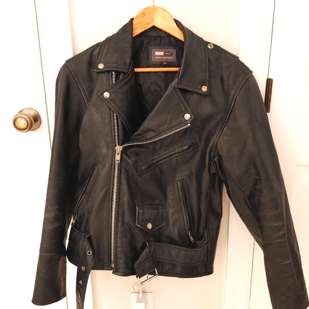 Leather Motorcycle Jacket, Size 38